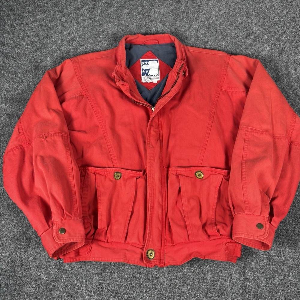 Vintage Red Canvas Bomber Jacket Mens L Patriotic Eagle Pilot Flight USA